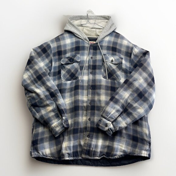 Wrangler Hooded Flannel Quilted Lined Shirt Jacket Men’s 2XL Blue Button Up - Picture 1 of 16